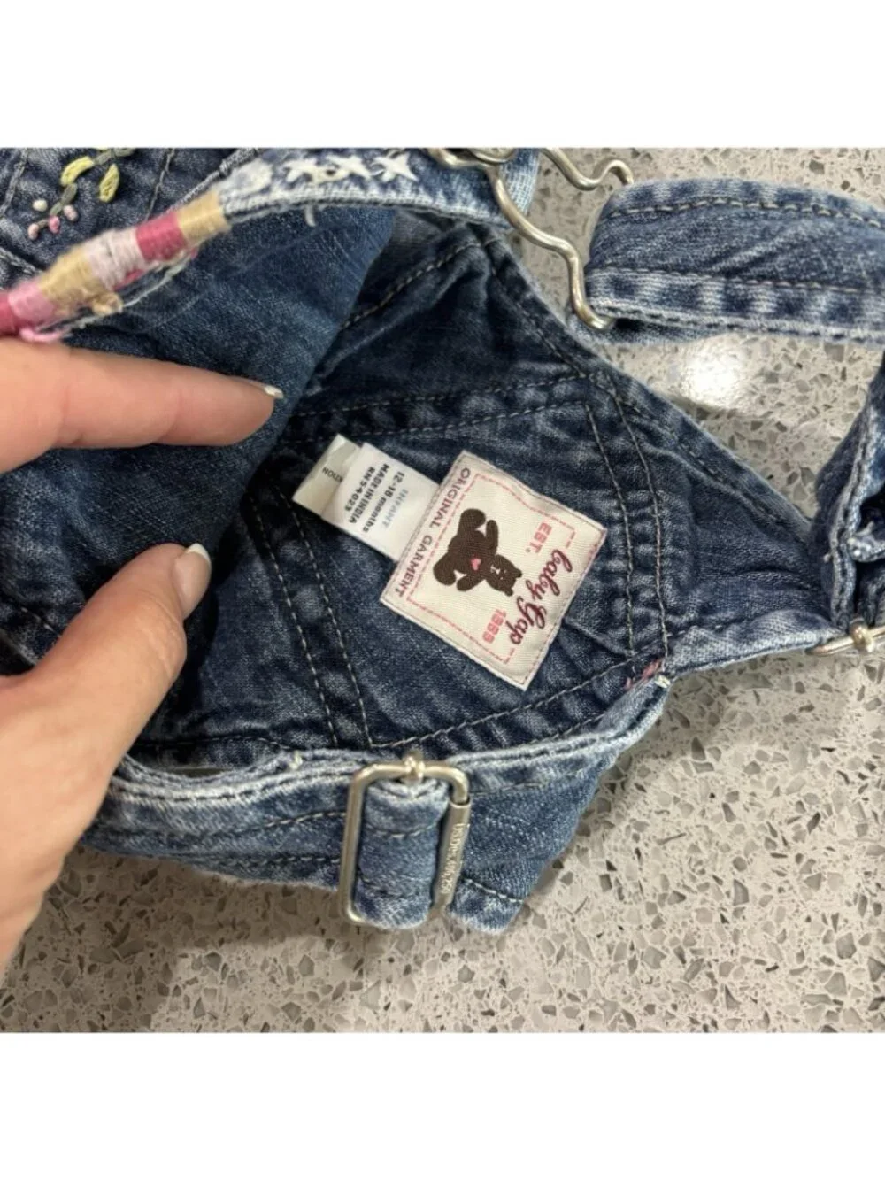 Baby Gap Denim Overalls Girls 12-18 Months Floral Embroidery Patch Distressed